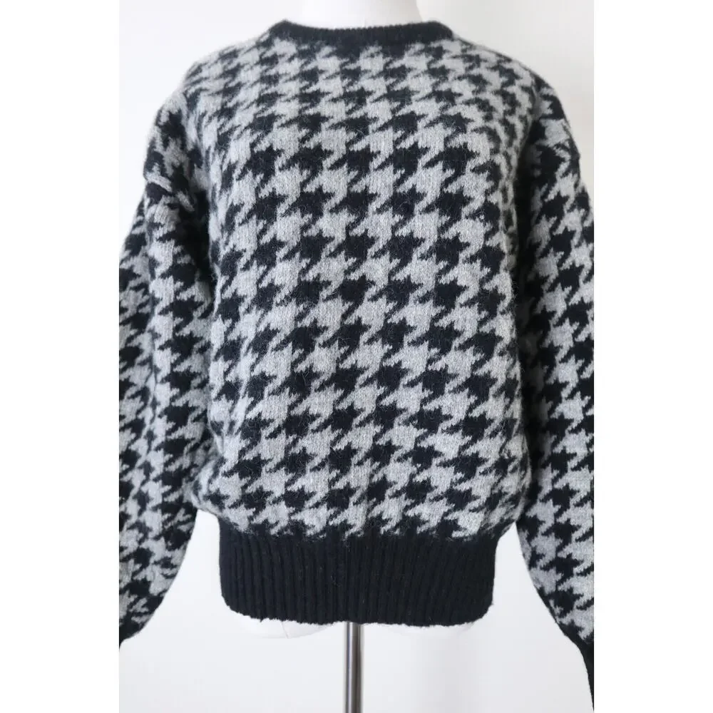 Vintage 1980s CREW Shetland Wool Houndstooth Sweater Pullover Black Gray